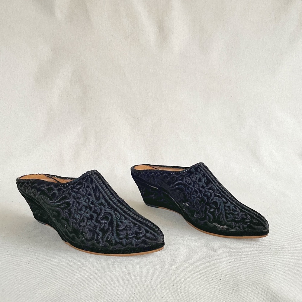 Embroidered Black Velvet Wedge Mules